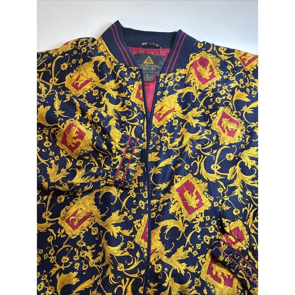 VTG 80s 100% Silk Bomber Jacket Abstract Baroque Print L Casual Isle Full Zip Up
